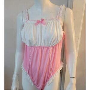 Womans Cosplay Pink White Teddy Sz. 3XL Lace Trim Bows Adjustable Straps